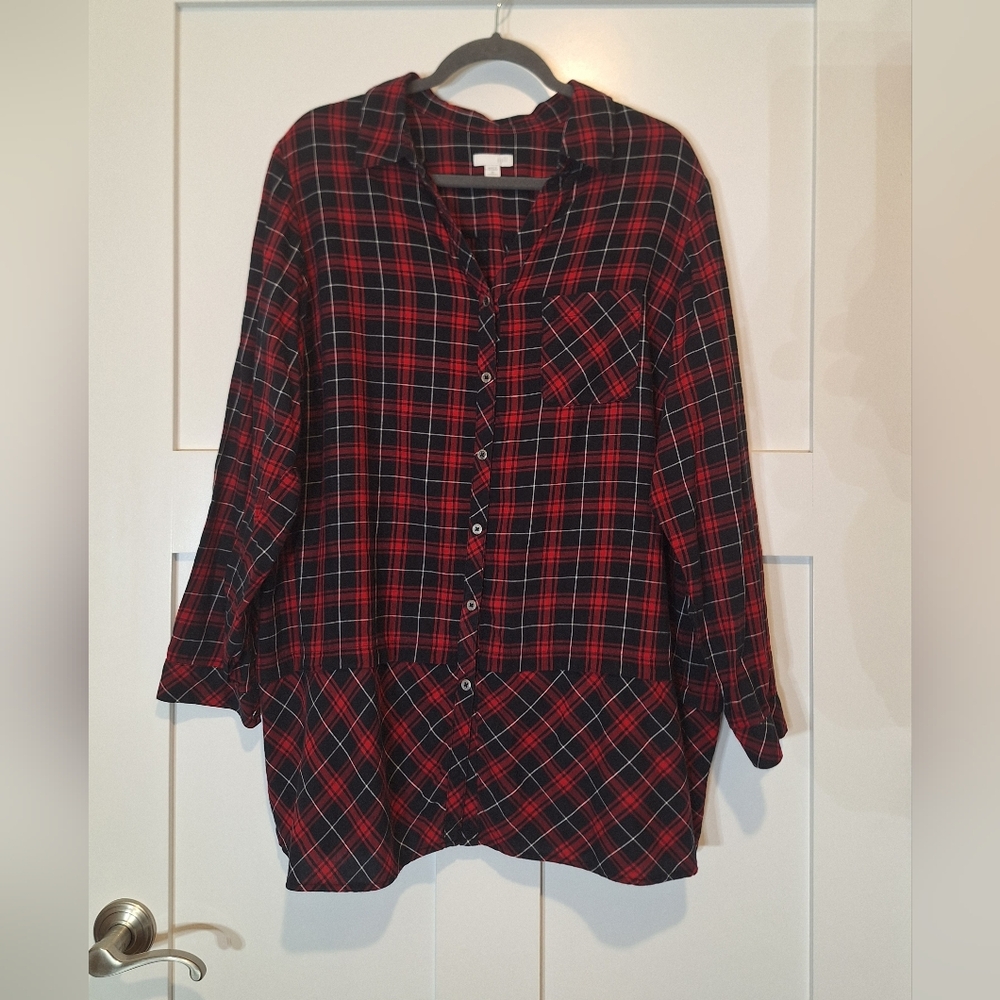 J. Jill Plaid Button Down Tunic Red Black 100% Cotton Long Sleeve Plus Size 2X